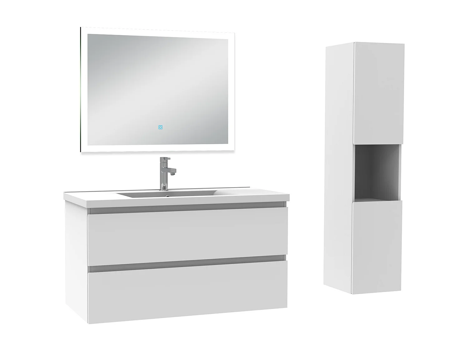 Ensemble meuble Salle de Bain 100cm avec vasque et colonne et miroir lumineux dimmable blanc