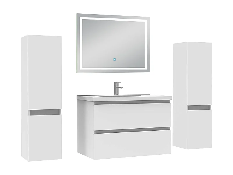 Ensemble meubles Salle de Bain 80cm avec colonne et miroir lumineux 3 couleurs blanc