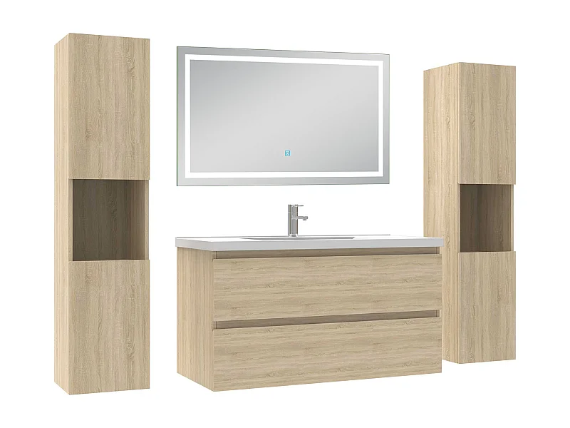 Ensemble meubles Salle de Bain 100cm avec colonne et miroir lumineux 3 couleurs et dimmable Chêne Wotan