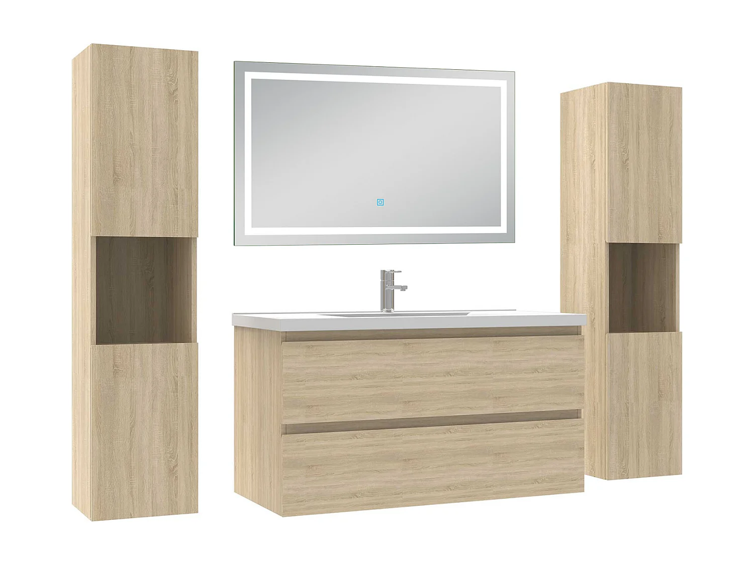 Ensemble meubles Salle de Bain 100cm avec colonne et miroir lumineux 3 couleurs et dimmable Chêne Wotan