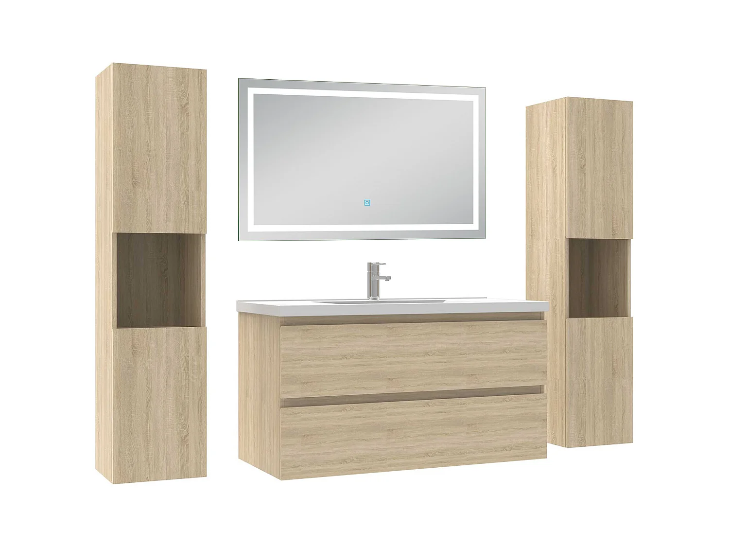 Ensemble meubles Salle de Bain 100cm avec colonne et miroir lumineux 3 couleurs et dimmable Chêne Wotan