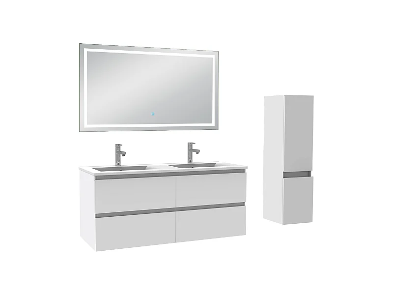 Ensemble meuble salle de Bain 120cm double vasque avec colonne et miroir 3 couleurs blanc
