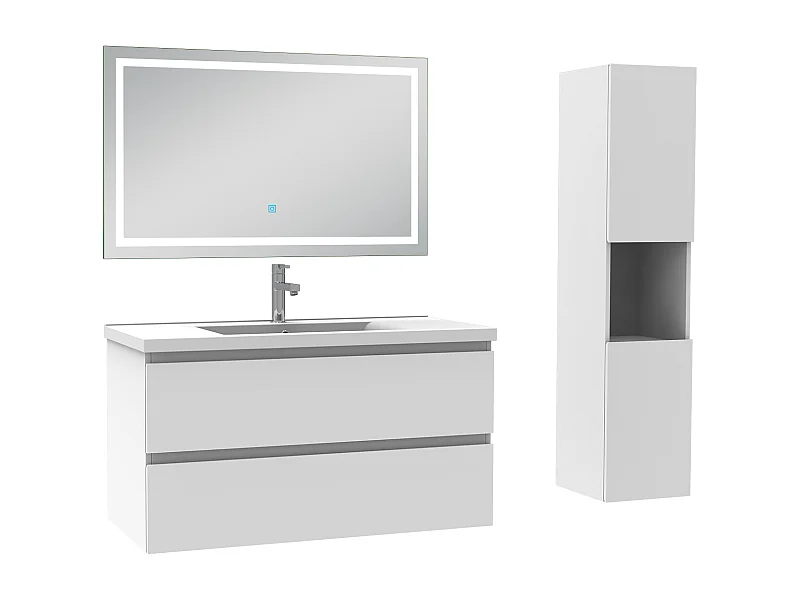 Ensemble meuble salle de Bain 100cm avec colonne et miroir 3 couleurs blanc