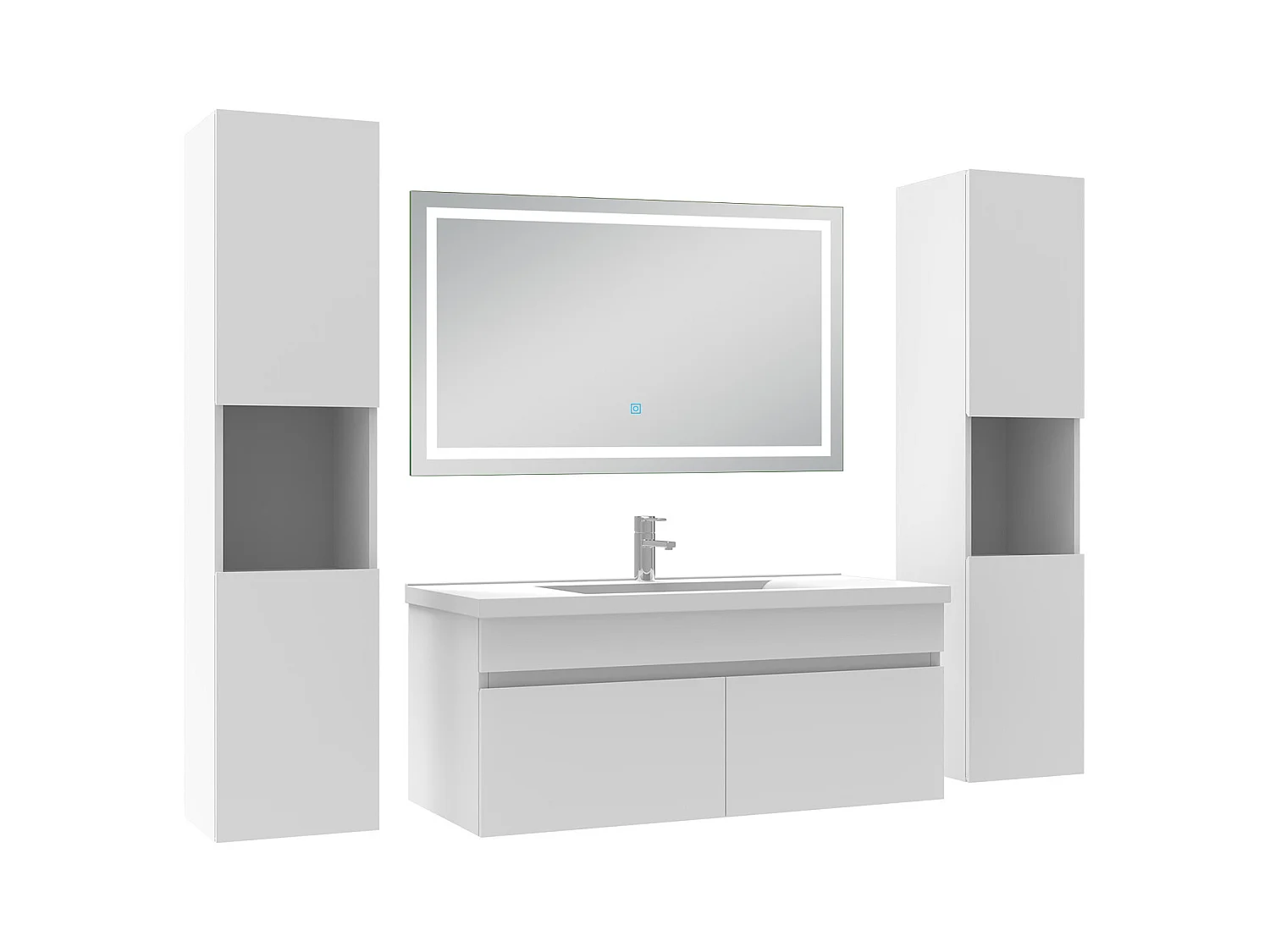 Ensemble meubles Salle de Bain 100cm avec colonne + miroir lumineux 3 couleurs + dimmable blanc
