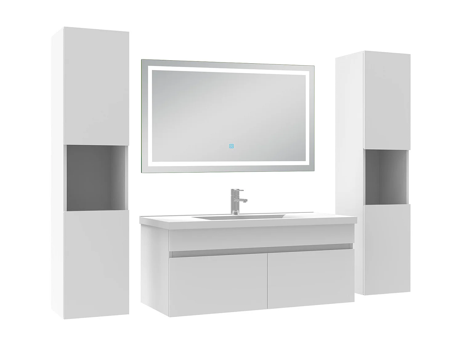 Ensemble meubles Salle de Bain 100cm avec colonne + miroir lumineux 3 couleurs + dimmable blanc