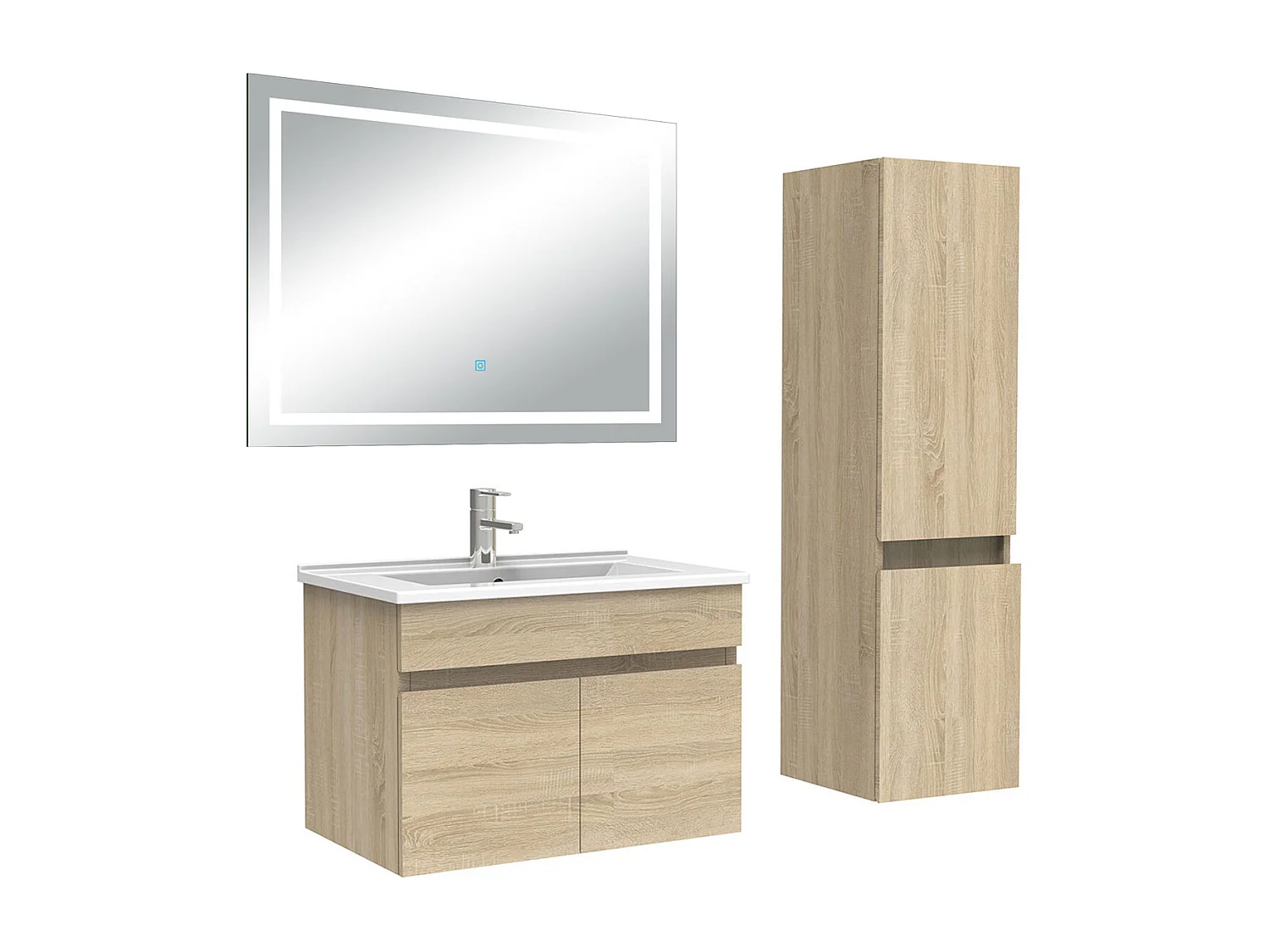 Ensemble meuble salle de Bain 60cm simple vasque avec colonne + miroir 3 couleurs Chêne Wotan