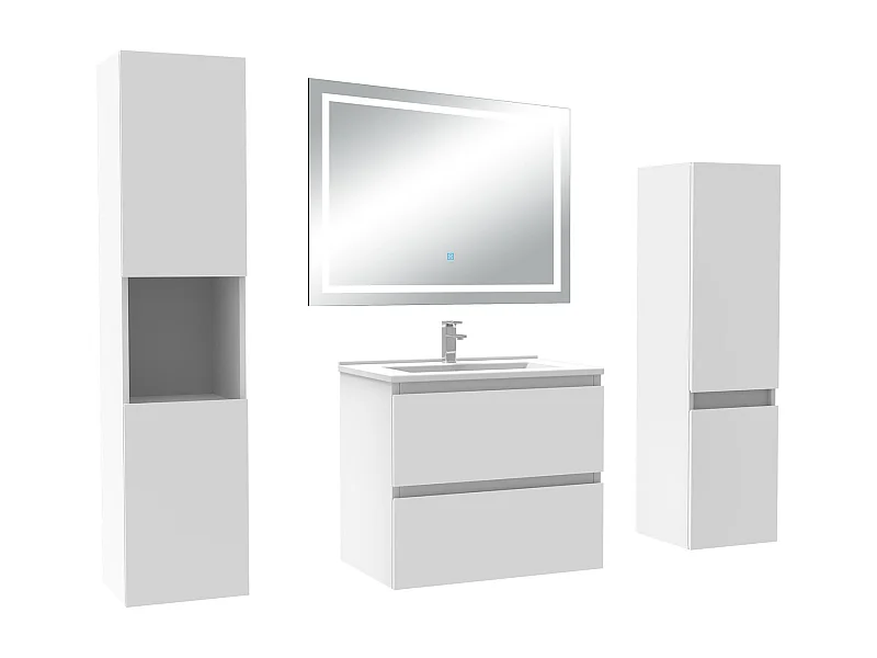 Ensemble meuble Salle de Bain 60cm avec colonne et miroir lumineux 3 couleurs blanc