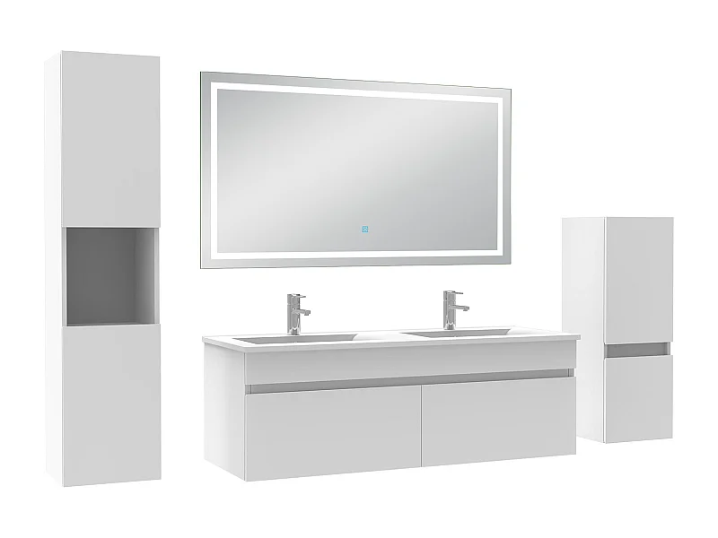 Ensemble meuble salle de Bain 120cm avec colonne + miroir mural lumineux 3 couleurs blanc