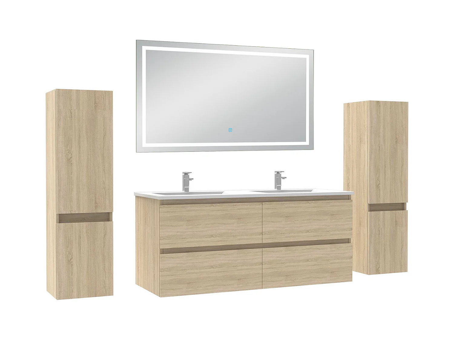 Ensemble meubles Salle de Bain 120cm avec colonne et miroir lumineux 3 couleurs Chêne Wotan