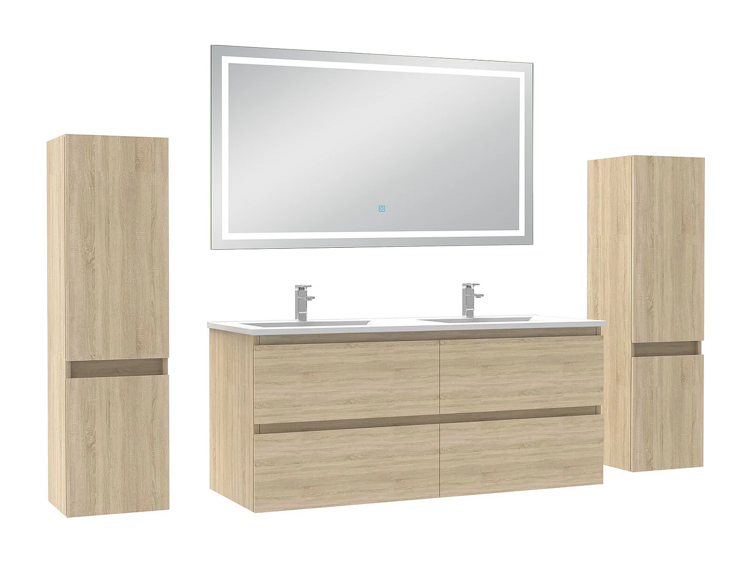 Ensemble meubles Salle de Bain 120cm avec colonne et miroir lumineux 3 couleurs Chêne Wotan