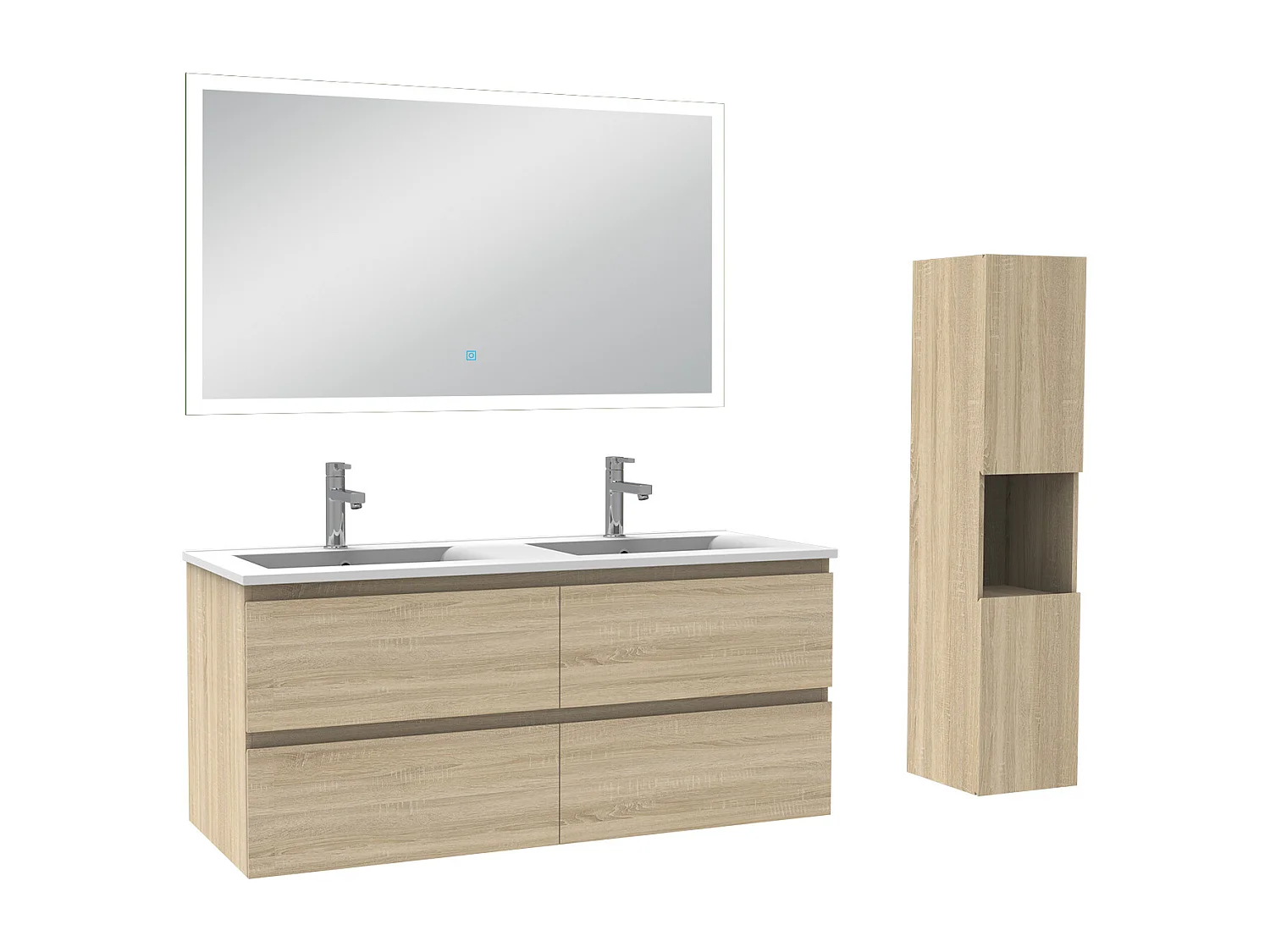 Ensemble meuble Salle de Bain 120cm avec vasque et colonne et miroir lumineux dimmable chêne wotan