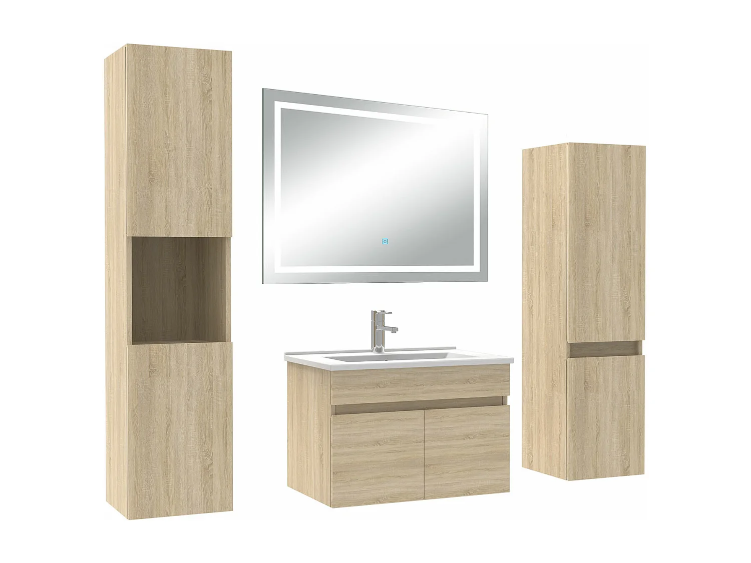 Ensemble meuble Salle de Bain 60cm avec colonne + miroir lumineux 3 couleurs Chêne Wotan
