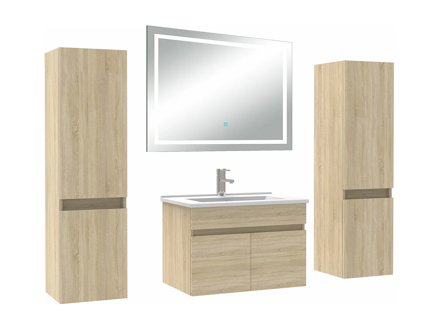 Ensemble meubles Salle de Bain 60cm avec colonne + miroir lumineux 3 couleurs Chêne Wotan