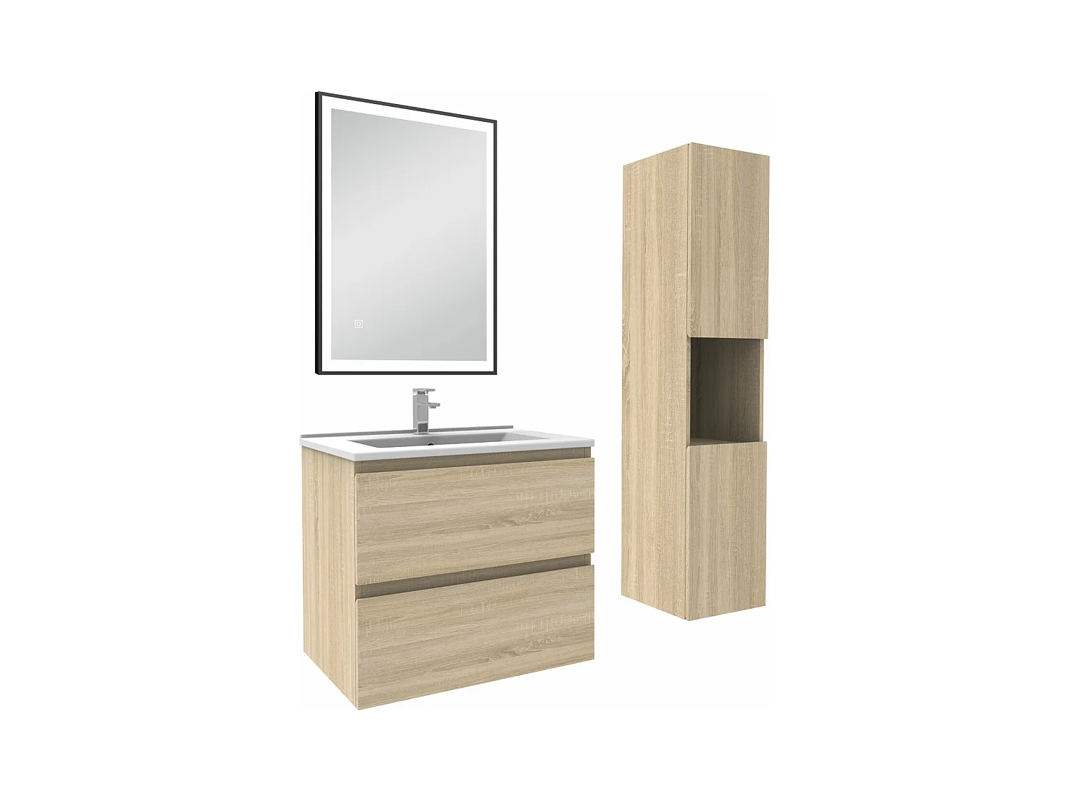 Meuble salle de Bain 60cm avec colonne et miroir 3 couleurs Chêne Wotan