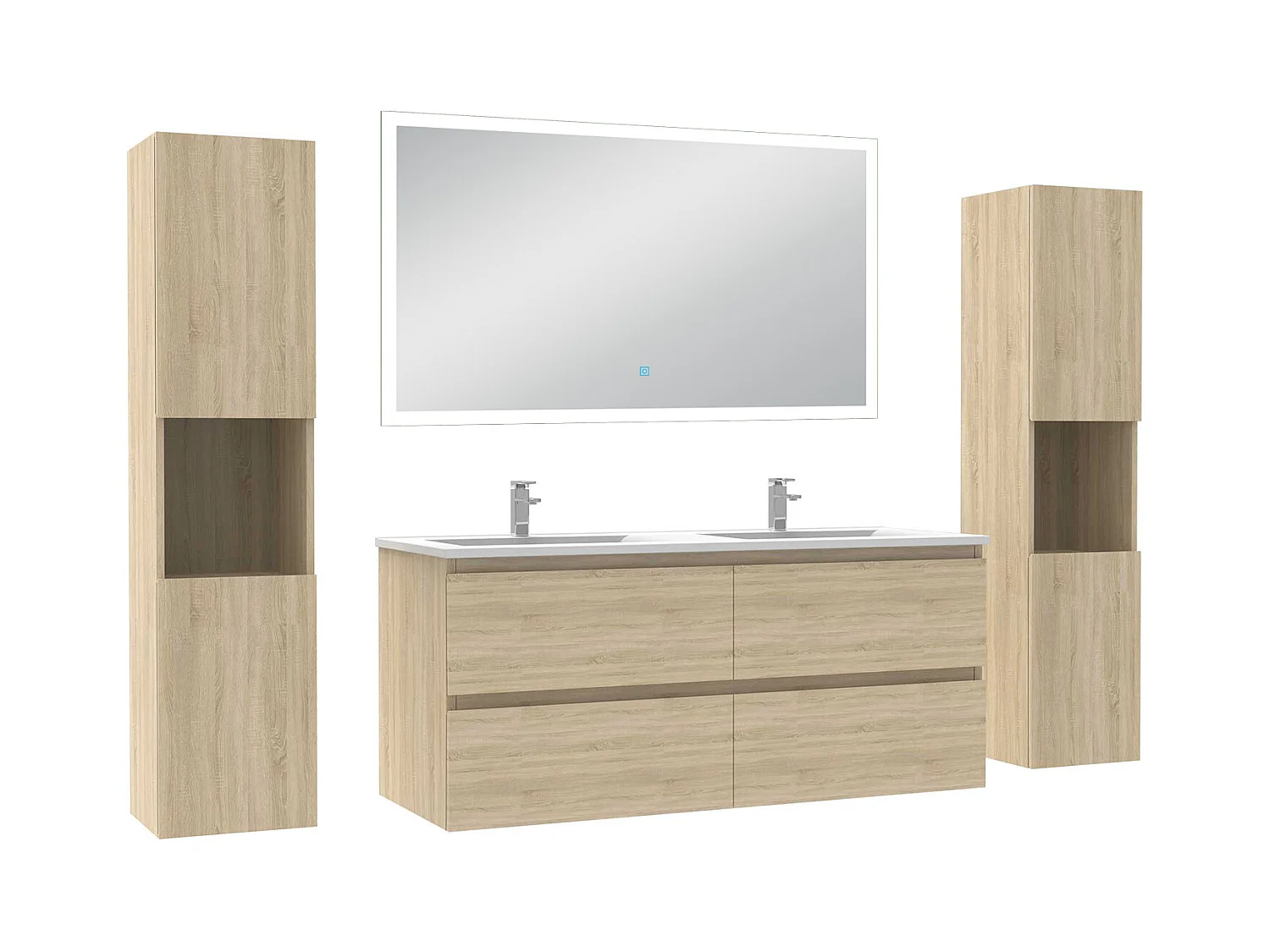 Ensemble meuble Salle de Bain 120cm avec colonne + miroir lumineux dimmable chêne wotan