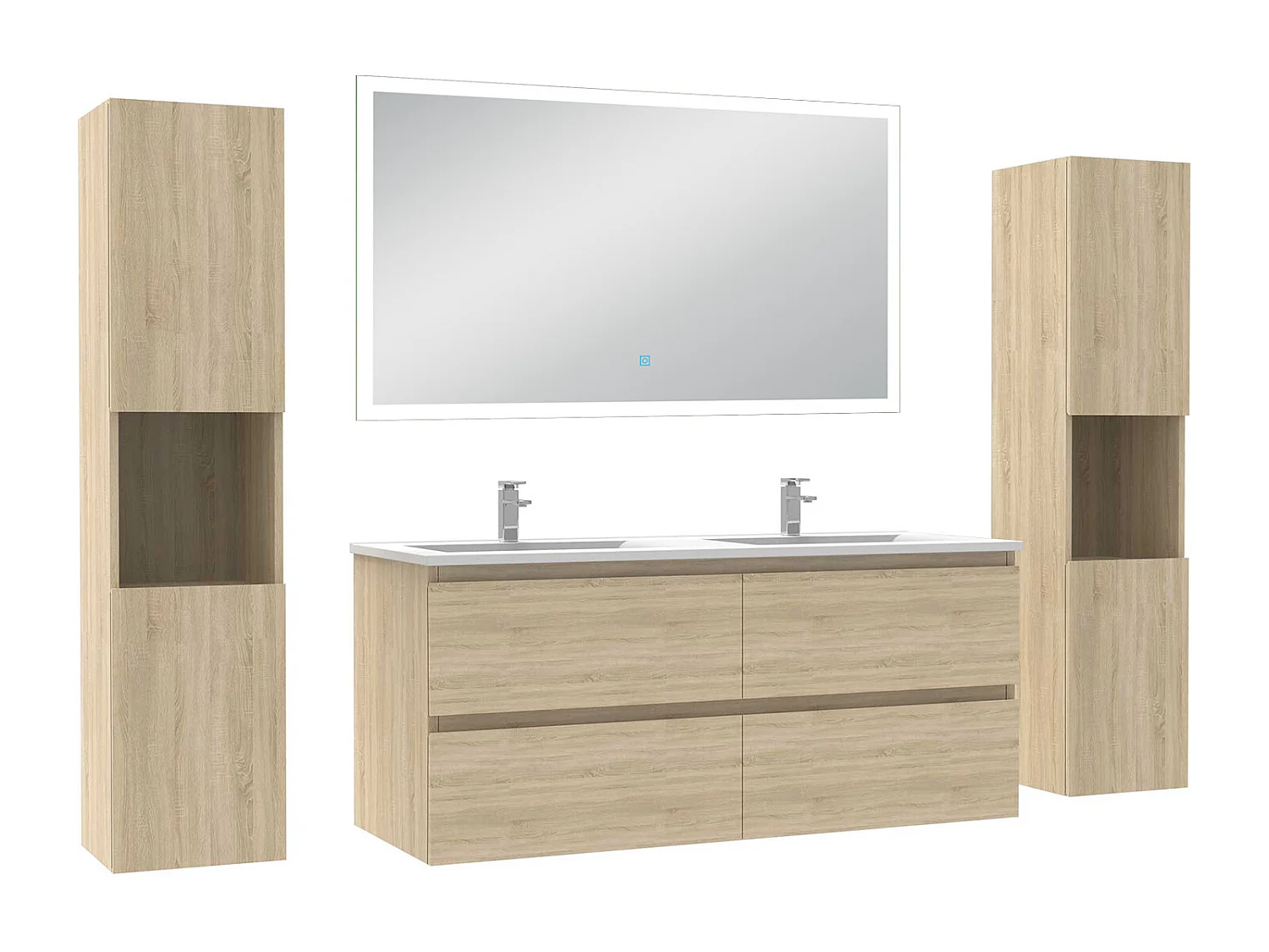 Ensemble meuble Salle de Bain 120cm avec colonne + miroir lumineux dimmable chêne wotan