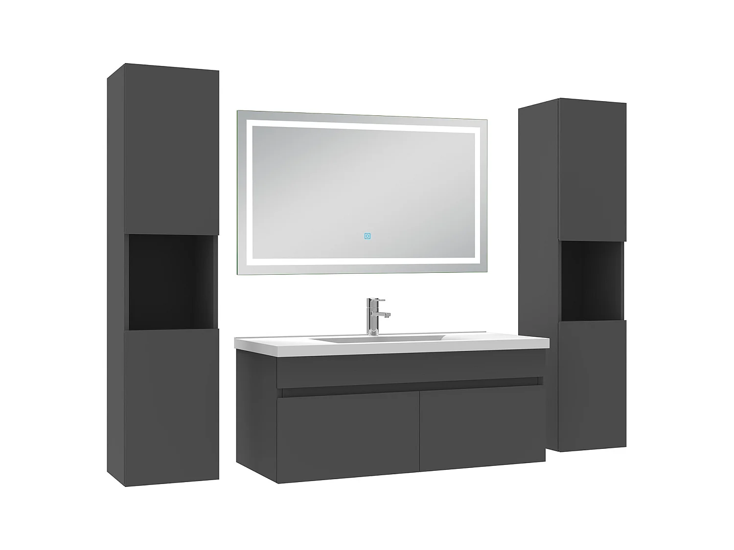 Ensemble meubles Salle de Bain 100cm avec colonne + miroir lumineux 3 couleurs + dimmable Anthracite