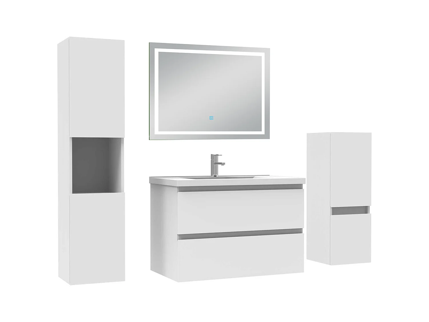 Ensemble meuble salle de Bain 80cm avec colonne et miroir mural lumineux 3 couleurs blanc