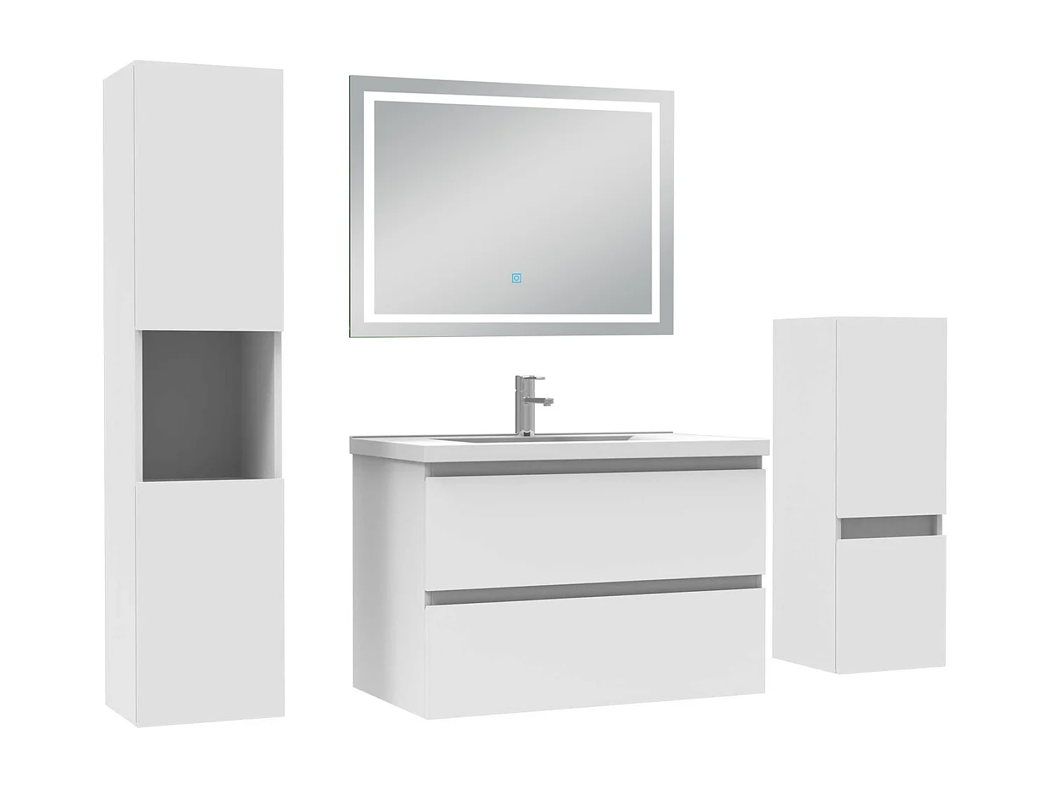 Ensemble meuble salle de Bain 80cm avec colonne et miroir mural lumineux 3 couleurs blanc