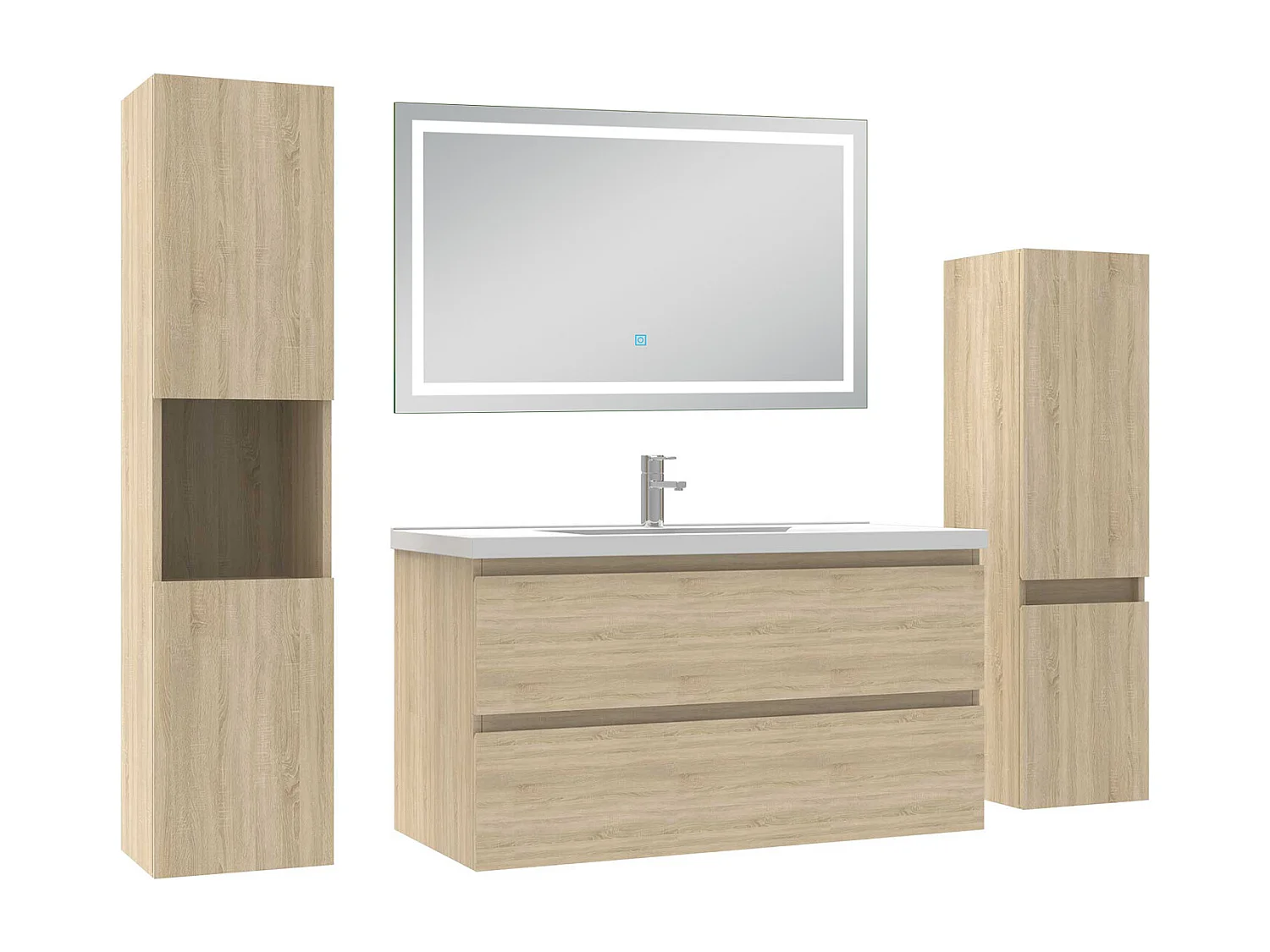 Ensemble meuble Salle de Bain 100cm avec colonne et miroir lumineux 3 couleurs Chêne Wotan