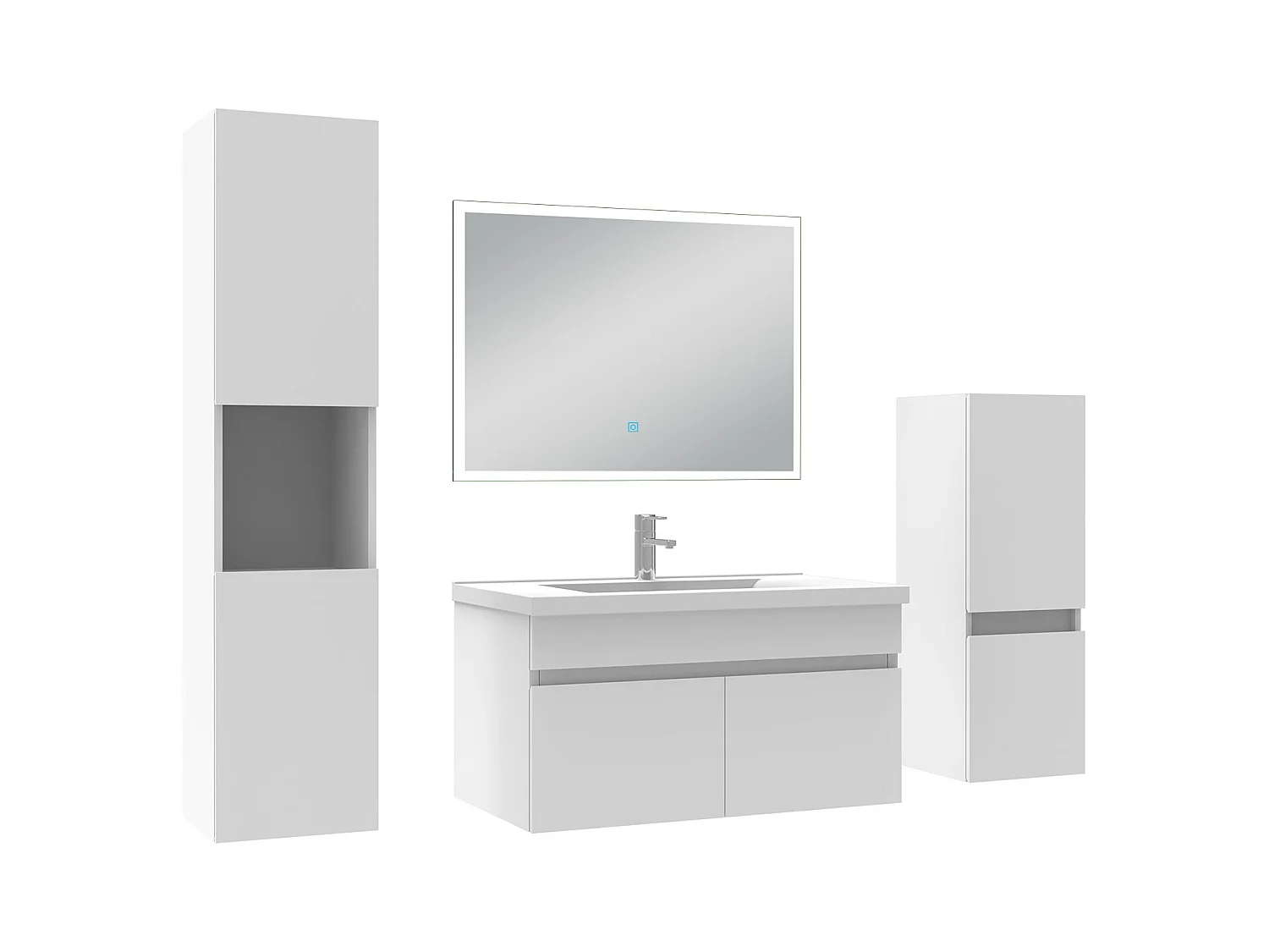 Ensemble meuble Salle de Bain 80cm avec simple vasque + colonne + miroir lumineux dimmable blanc