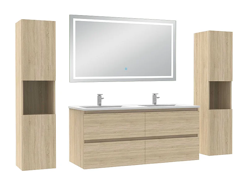 Ensemble meubles Salle de Bain 120cm avec colonne et miroir lumineux 3 couleurs et dimmable Chêne Wotan