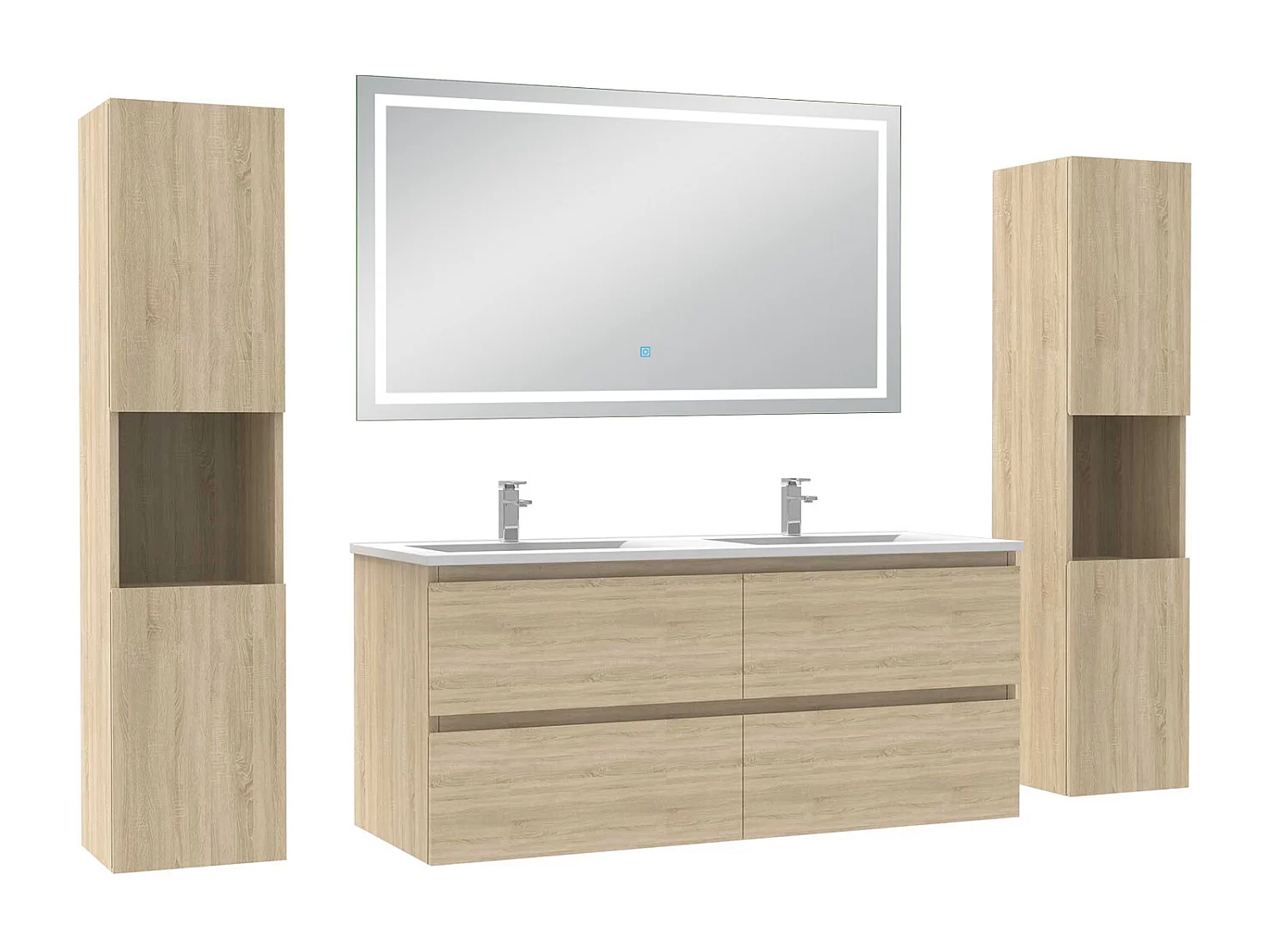 Ensemble meubles Salle de Bain 120cm avec colonne et miroir lumineux 3 couleurs et dimmable Chêne Wotan