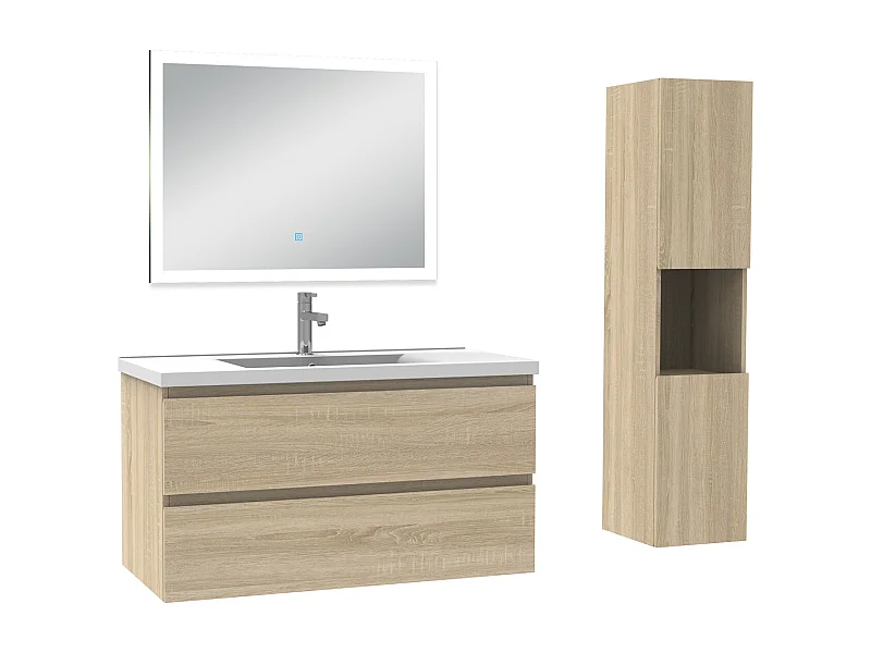 Ensemble meuble Salle de Bain 100cm avec vasque et colonne et miroir lumineux dimmable chêne wotan