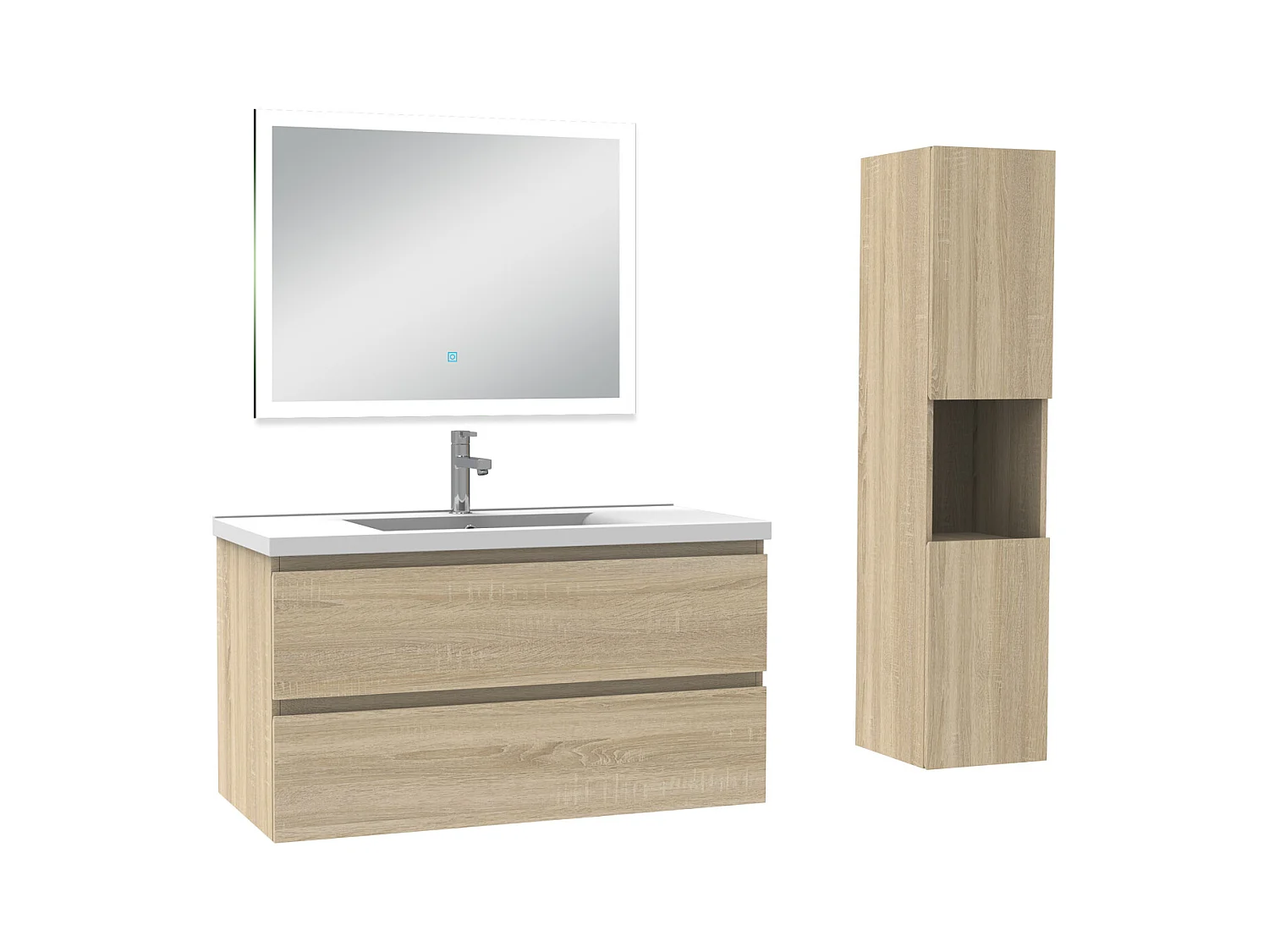 Ensemble meuble Salle de Bain 100cm avec vasque et colonne et miroir lumineux dimmable chêne wotan