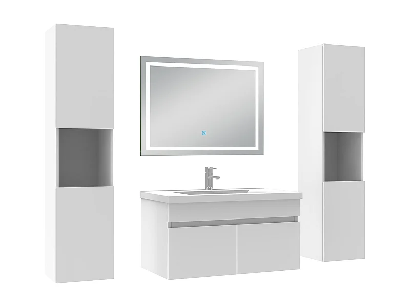 Ensemble meubles Salle de Bain 80cm avec colonne + miroir lumineux 3 couleurs + dimmable blanc