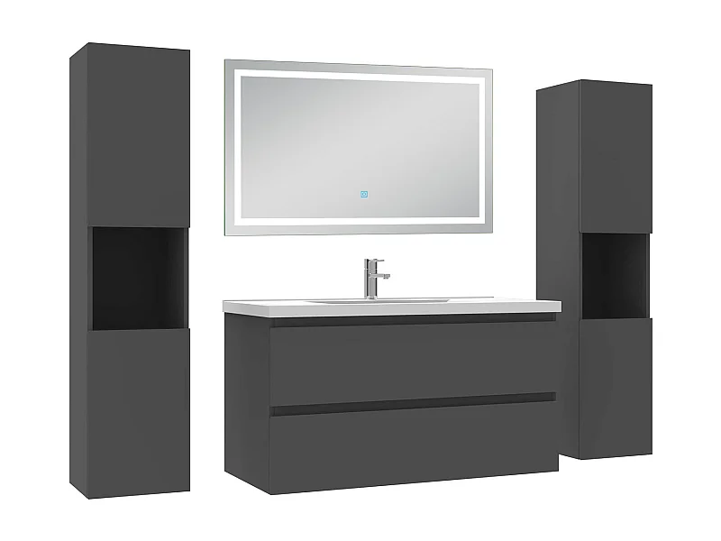 Ensemble meubles Salle de Bain 100cm avec colonne et miroir lumineux 3 couleurs et dimmable Anthracite