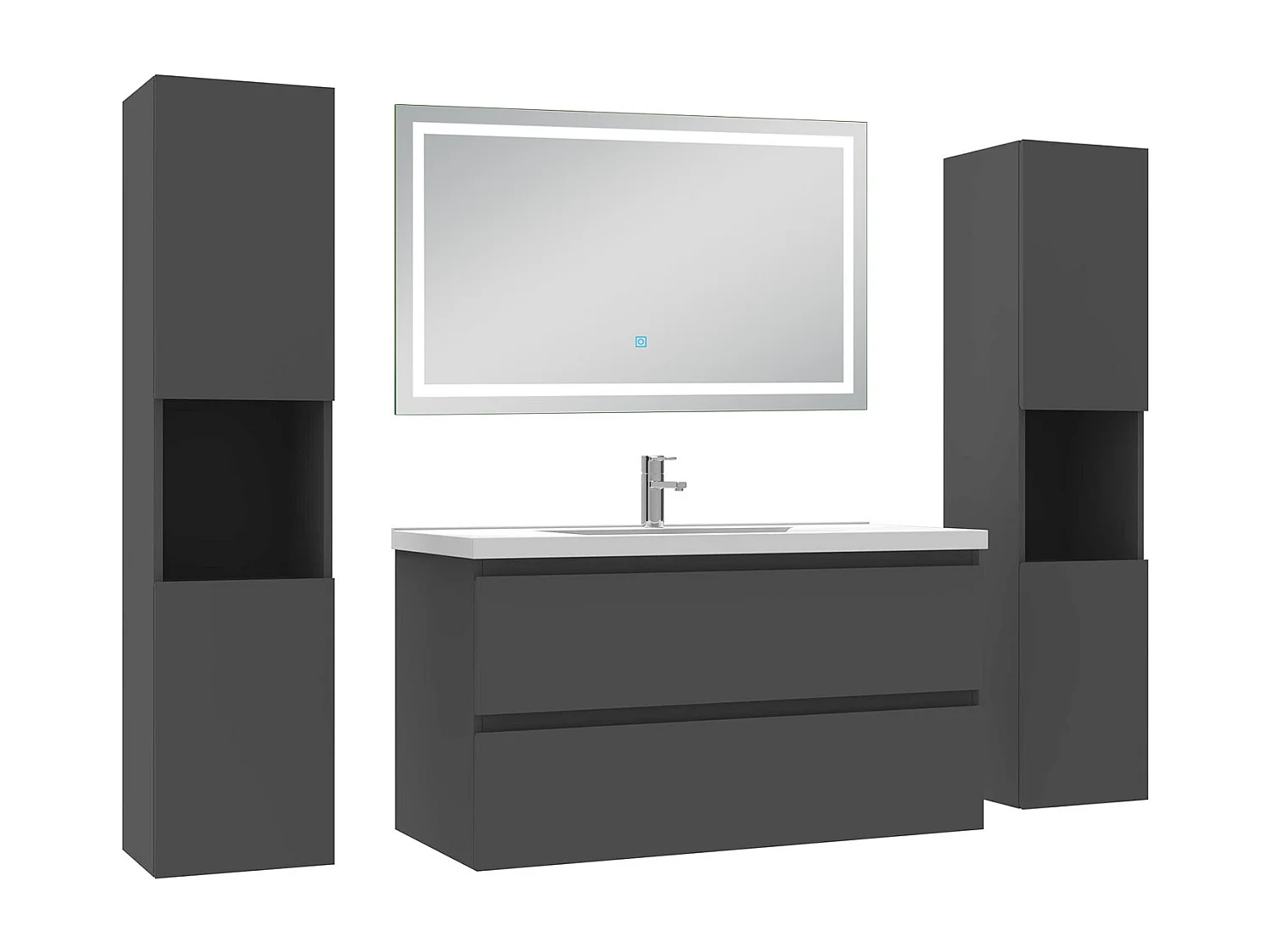 Ensemble meubles Salle de Bain 100cm avec colonne et miroir lumineux 3 couleurs et dimmable Anthracite
