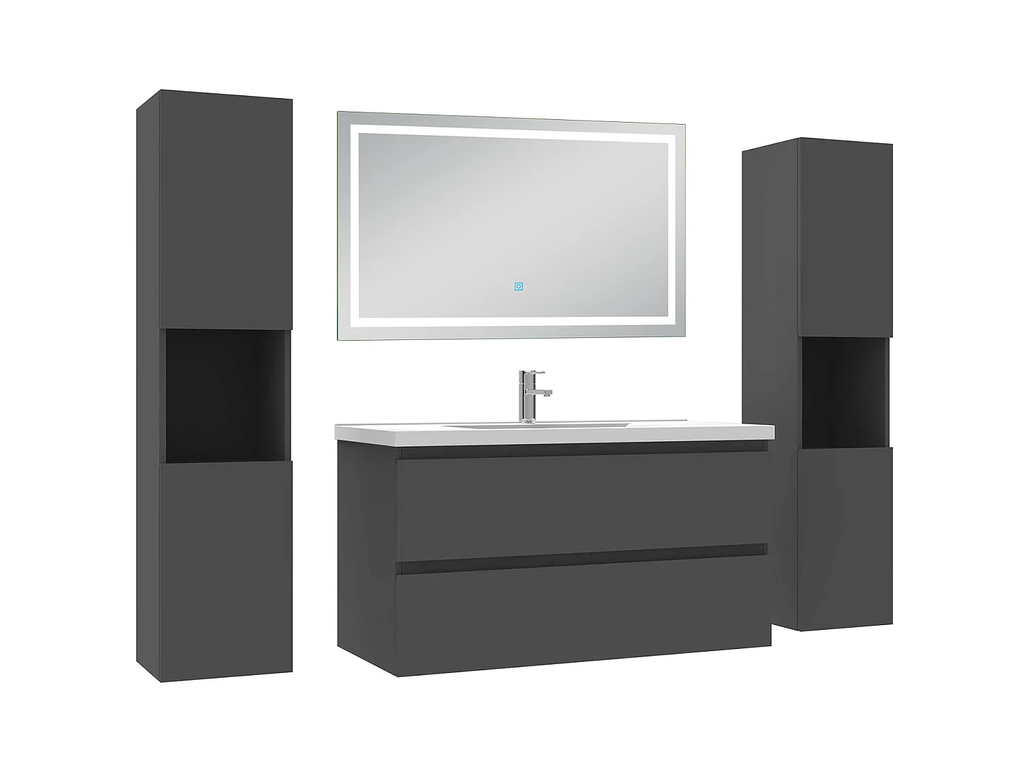 Ensemble meubles Salle de Bain 100cm avec colonne et miroir lumineux 3 couleurs et dimmable Anthracite