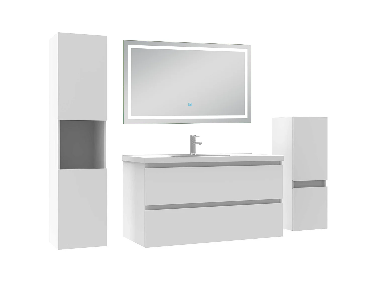Ensemble meuble salle de Bain 100cm avec colonne et miroir mural lumineux 3 couleurs blanc