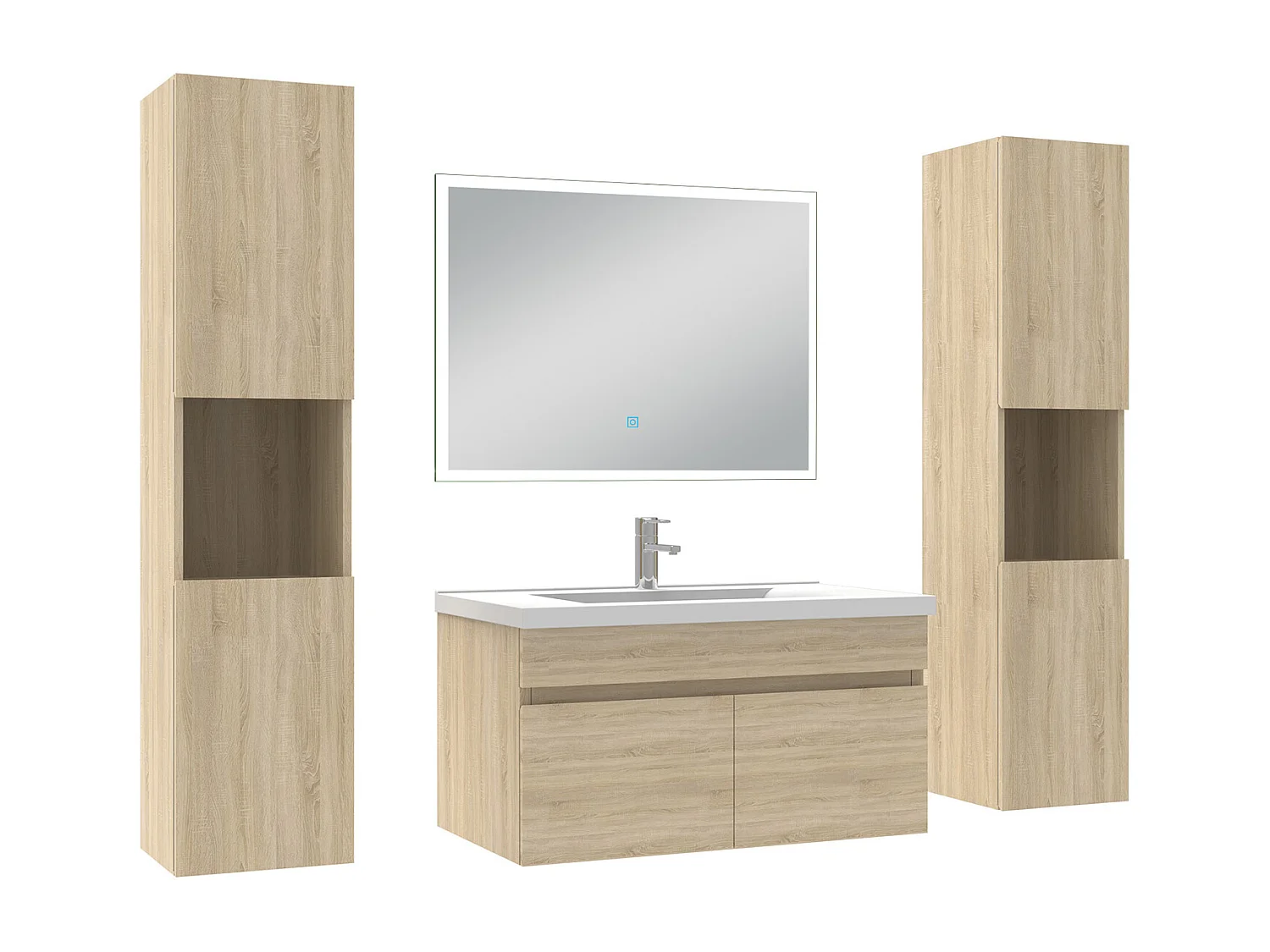 Ensemble meuble Salle de Bain 80cm avec colonne et miroir lumineux chêne wotan