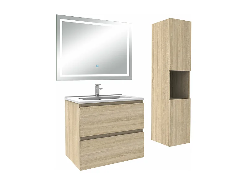 Ensemble meuble salle de Bain 60cm avec colonne et miroir 3 couleurs Chêne Wotan