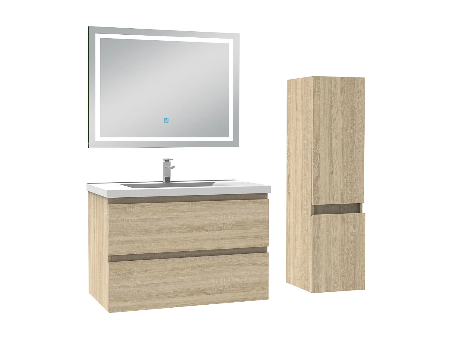 Ensemble meuble salle de Bain 80cm simple vasque avec colonne et miroir 3 couleurs Chêne Wotan