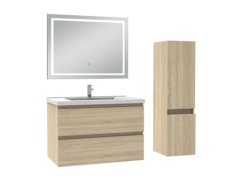 Ensemble meuble salle de Bain 80cm simple vasque avec colonne et miroir 3 couleurs Chêne Wotan