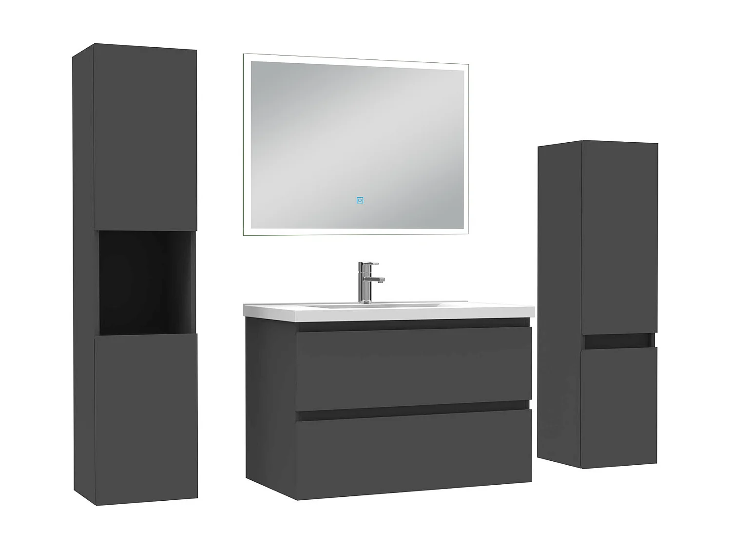 Ensemble meuble Salle de Bain 80cm simple vasque avec colonne et miroir lumineux dimmable anthracite