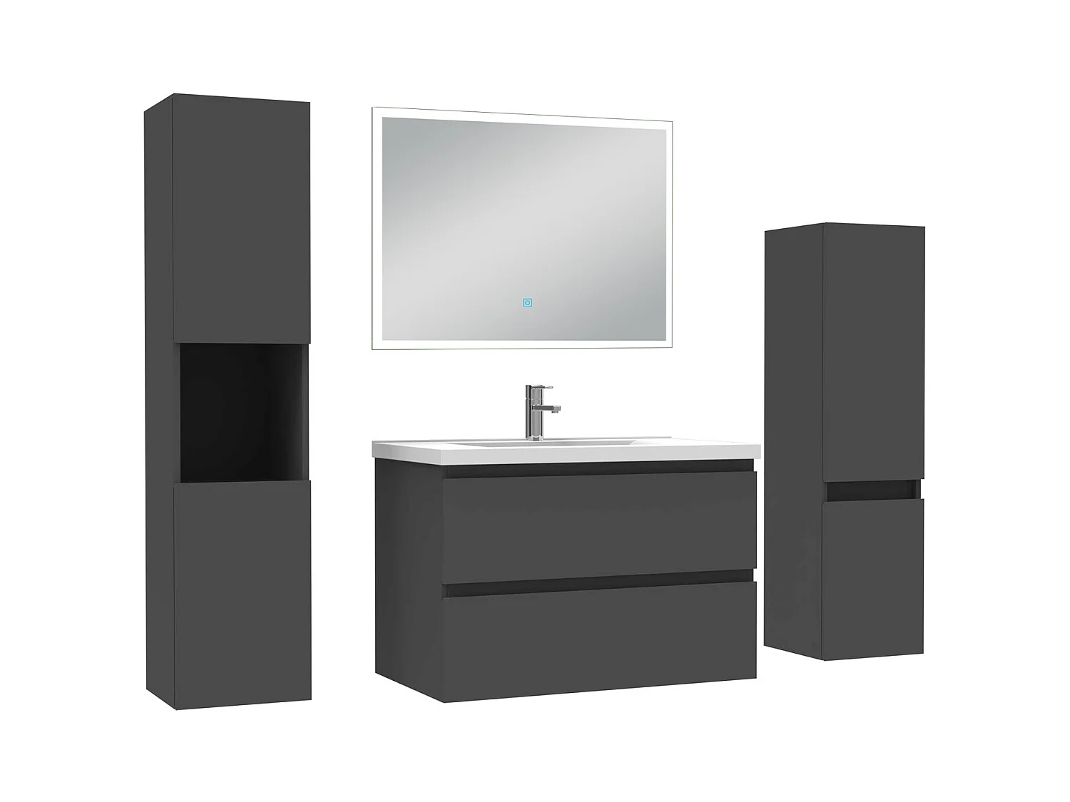 Ensemble meuble Salle de Bain 80cm simple vasque avec colonne et miroir lumineux dimmable anthracite