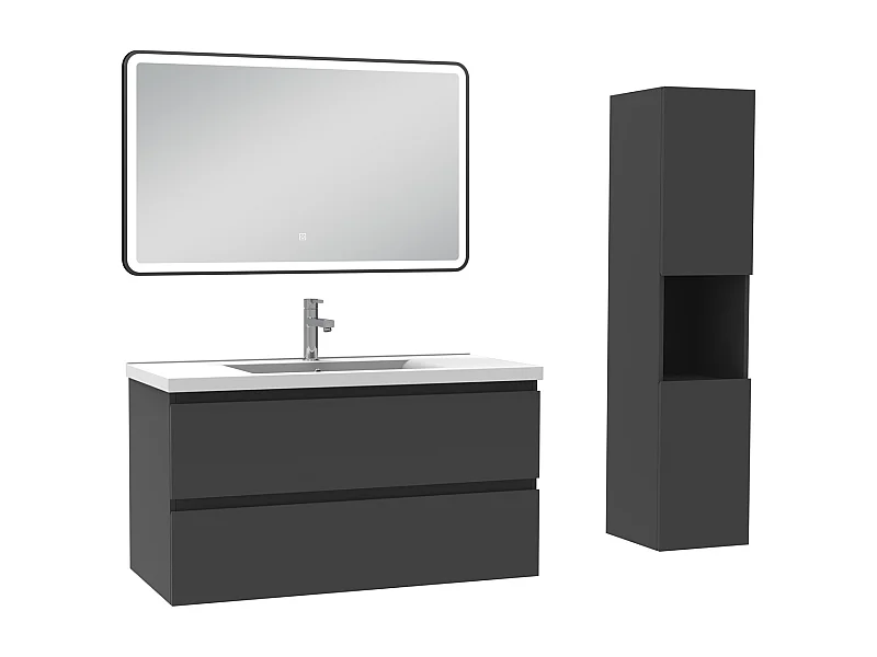Meuble salle de Bain 100cm avec colonne + miroir 3 couleurs Anthracite