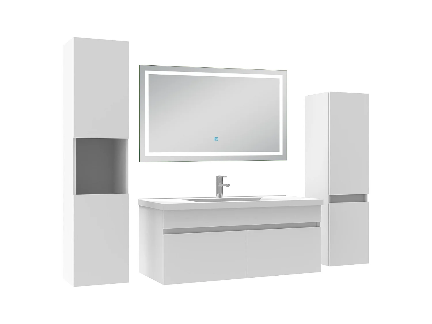 Ensemble meuble Salle de Bain 100cm avec colonne + miroir lumineux 3 couleurs blanc