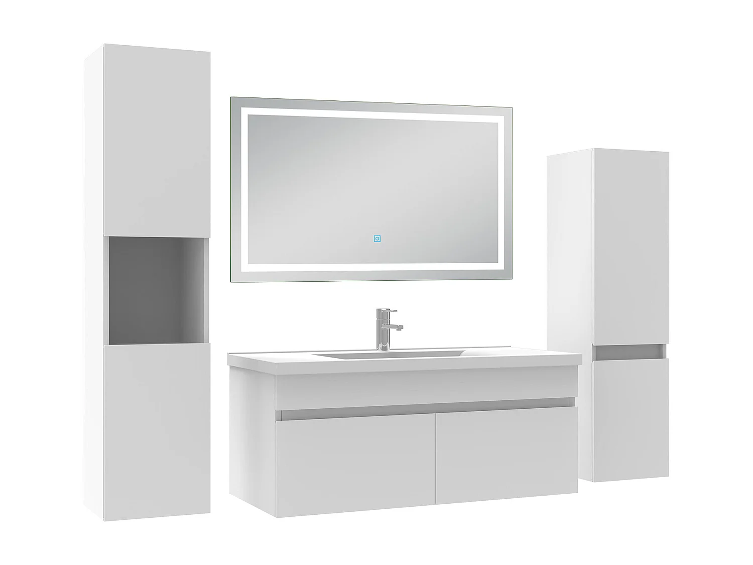 Ensemble meuble Salle de Bain 100cm avec colonne + miroir lumineux 3 couleurs blanc