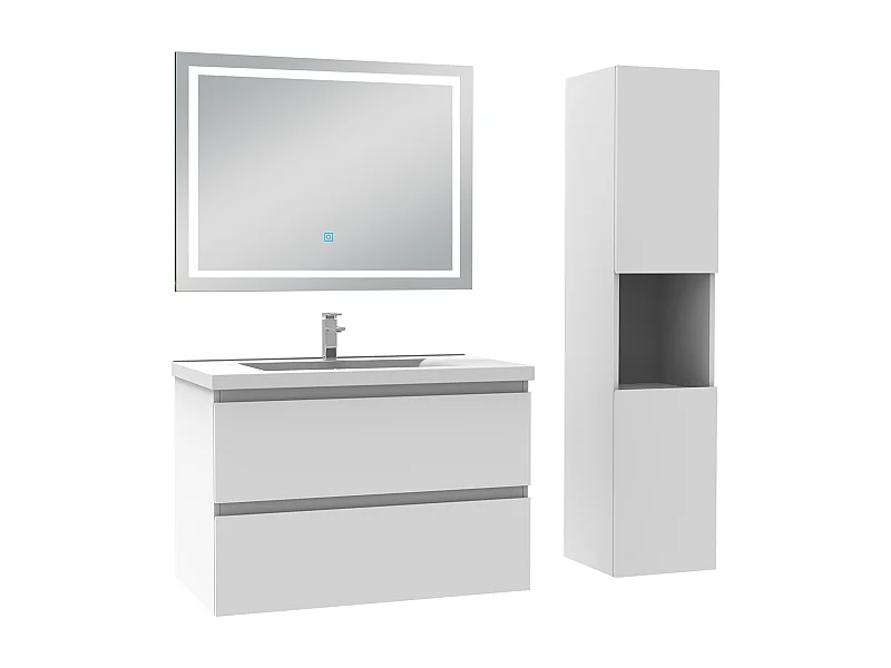 Ensemble meuble salle de Bain 80cm avec colonne et miroir 3 couleurs blanc