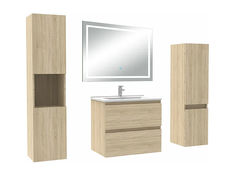 Ensemble meuble Salle de Bain 60cm avec colonne et miroir lumineux 3 couleurs Chêne Wotan
