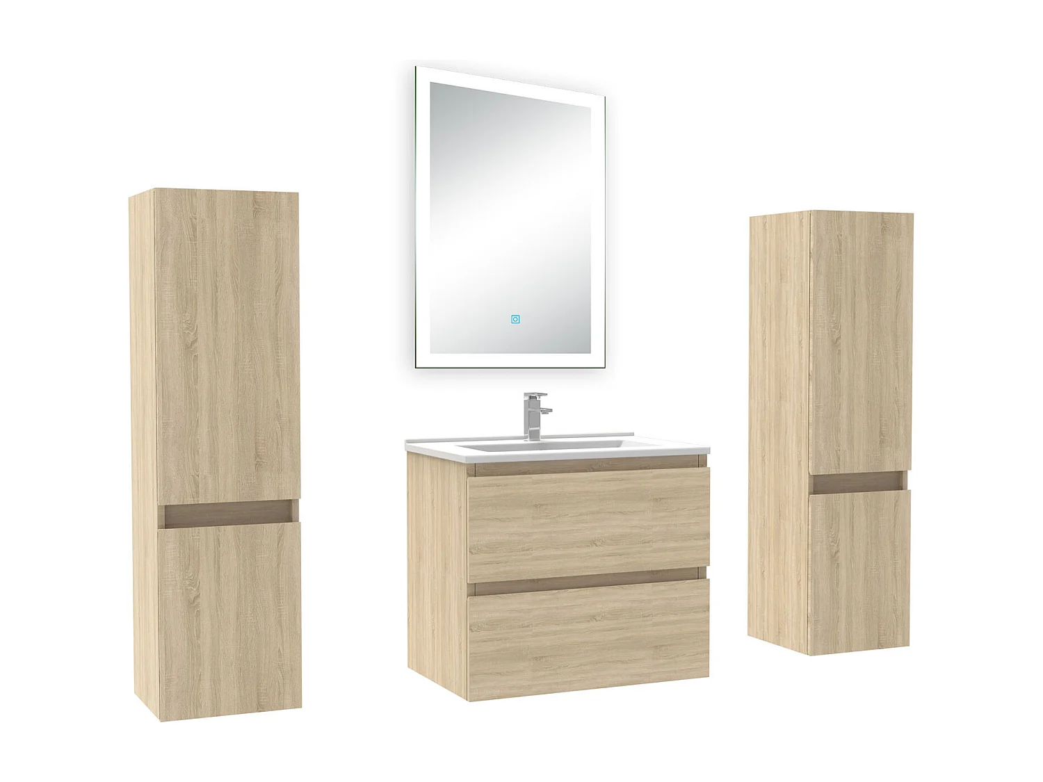 Ensemble meuble Salle de Bain 60cm avec colonne et miroir lumineux dimmable chêne wotan