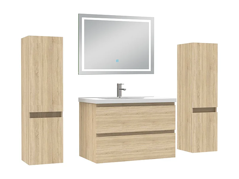 Ensemble meubles Salle de Bain 80cm avec colonne et miroir lumineux 3 couleurs Chêne Wotan