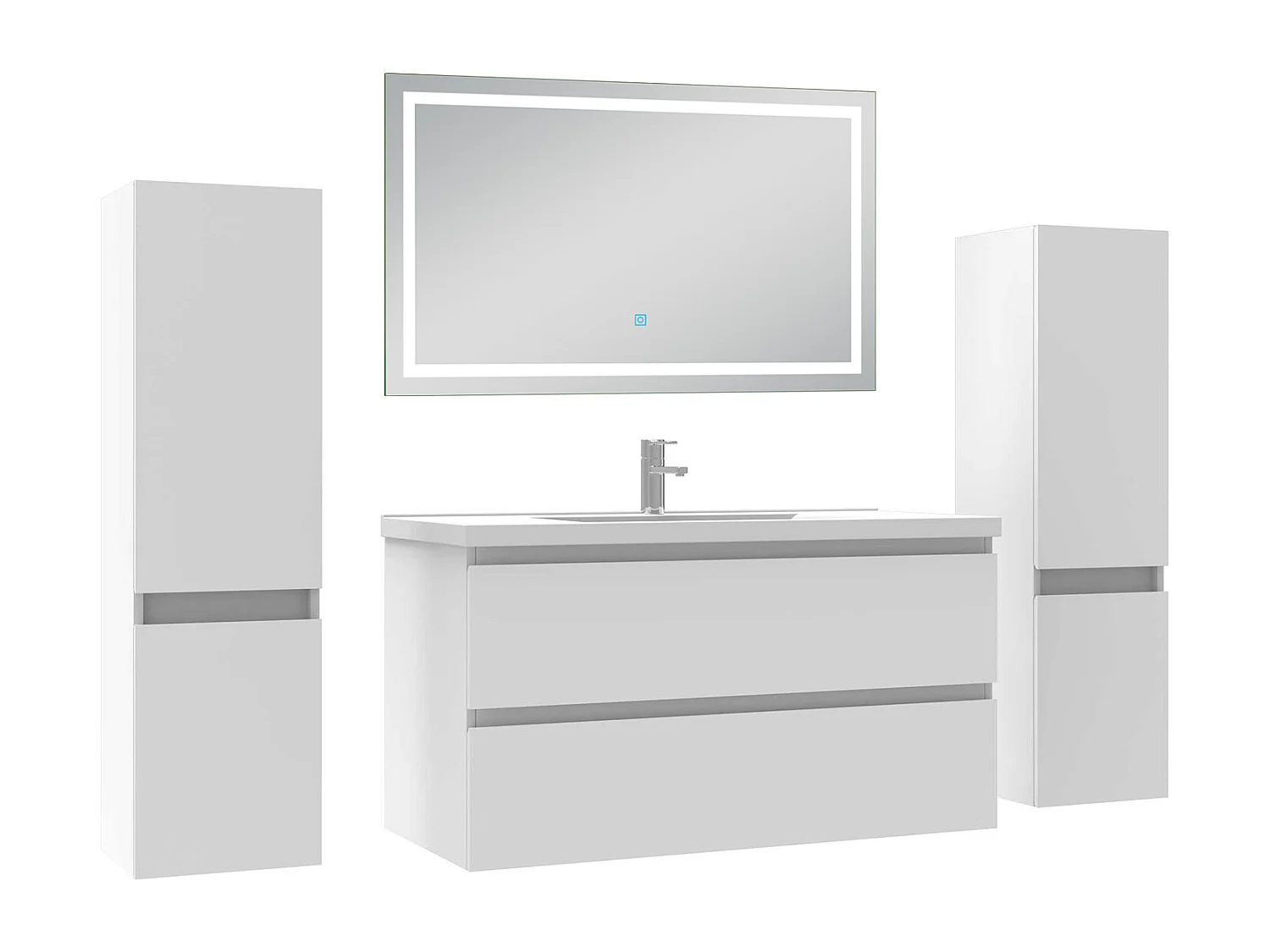 Ensemble meubles Salle de Bain 100cm avec colonne et miroir lumineux 3 couleurs blanc