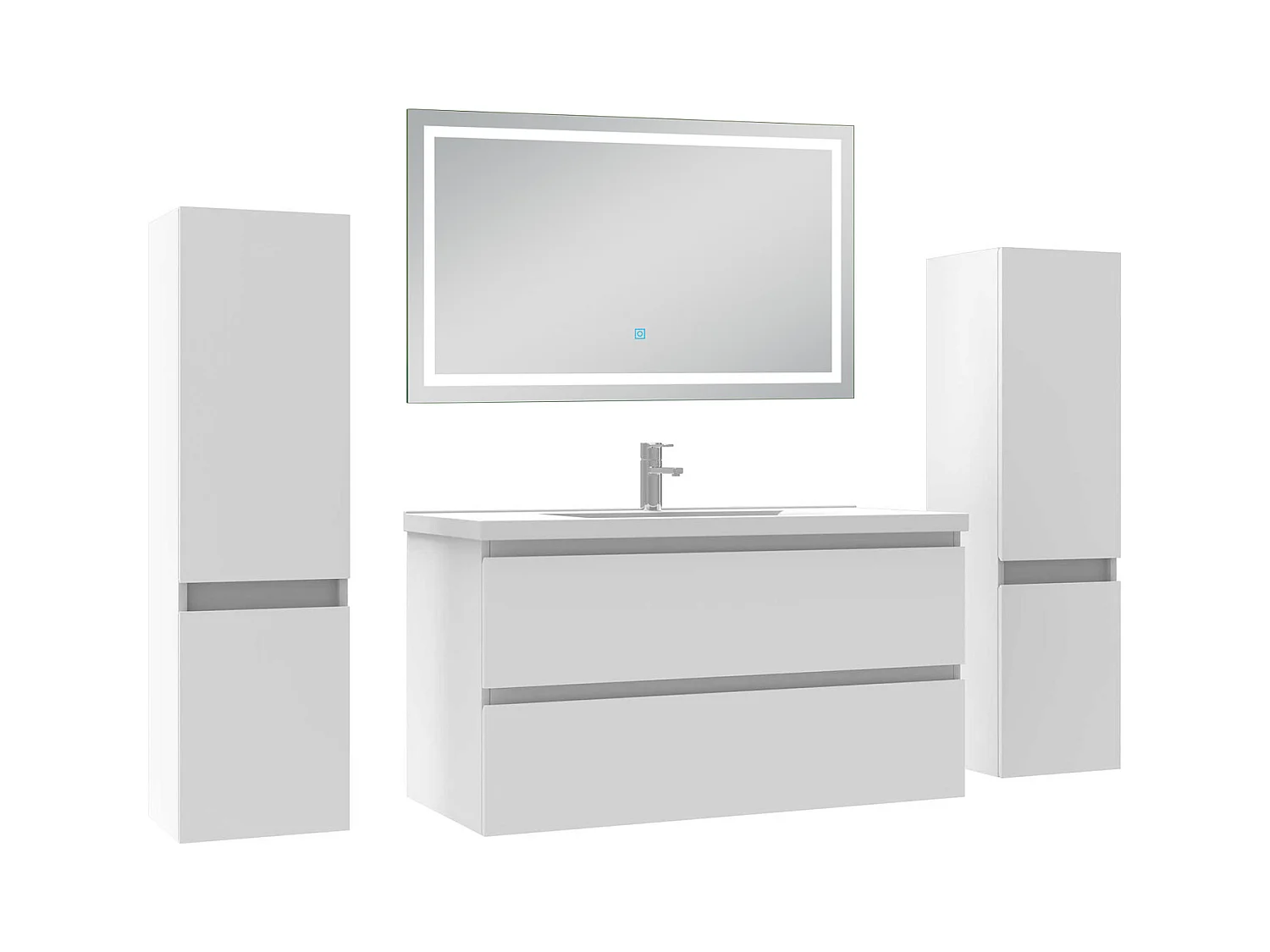 Ensemble meubles Salle de Bain 100cm avec colonne et miroir lumineux 3 couleurs blanc