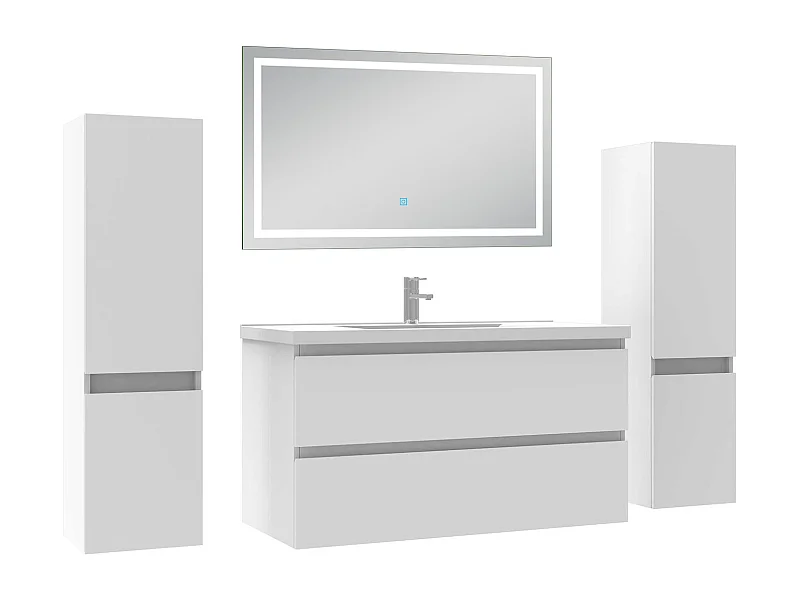 Ensemble meubles Salle de Bain 100cm avec colonne et miroir lumineux 3 couleurs blanc